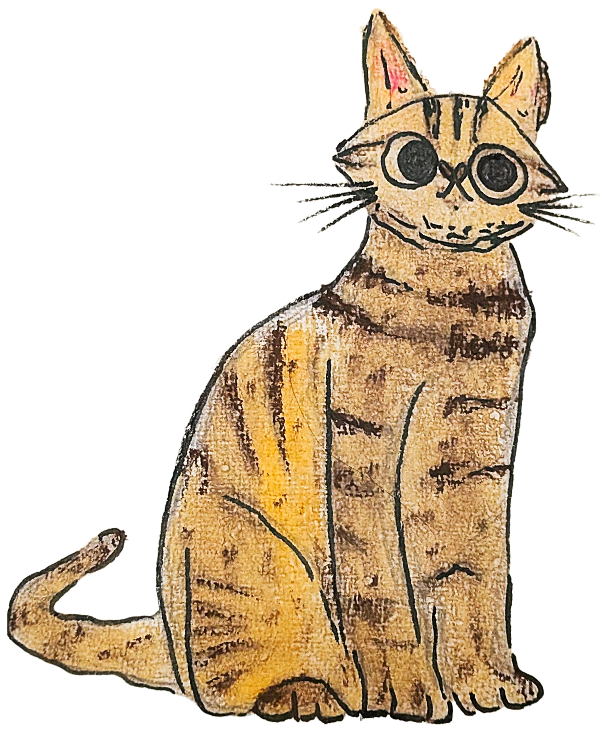 An illustrated wide-eyed tabby cat sitting upright